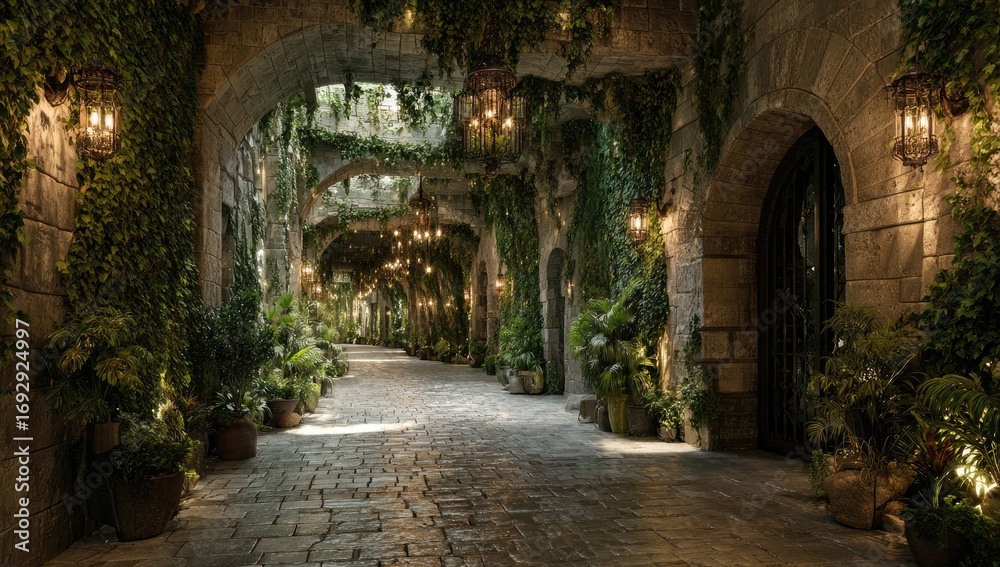 Fototapeta premium Lush overgrown stone passageway
