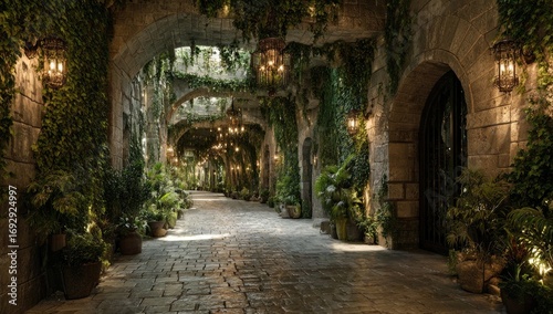 Lush overgrown stone passageway