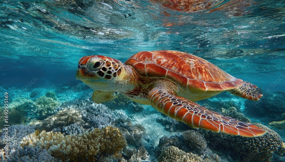 Fototapeta premium Sea turtle swimming over vibrant coral reef (1)