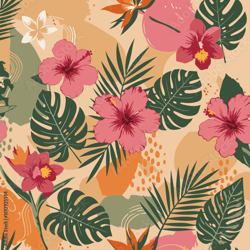 Tropical floral pattern with vibrant hibiscus, orchids, and palm leaves on a beige background. Abstract shapes and dots add texture to the design.