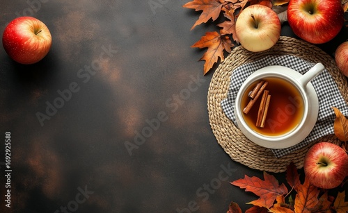 Warm Drink With Cinnamon Surrounded by Apples and Autumn Leaves on a Dark Sur...
