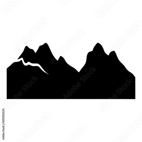 Dramatic mountain range silhouette with snow capped peak against a white background