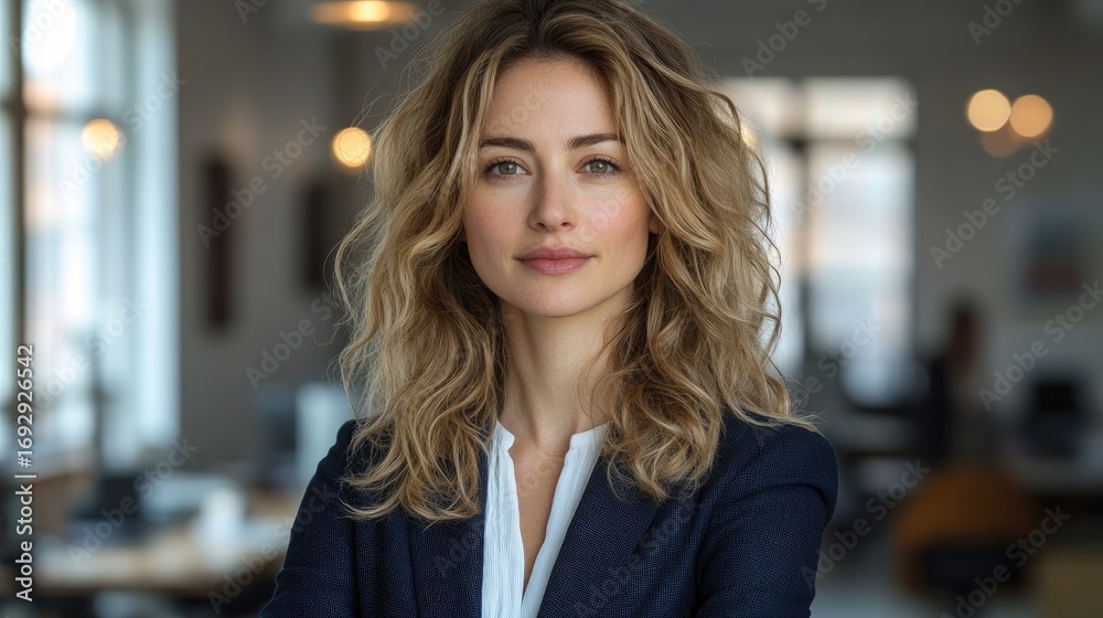 Fototapeta premium Confident woman in business attire, modern office, colleagues in background