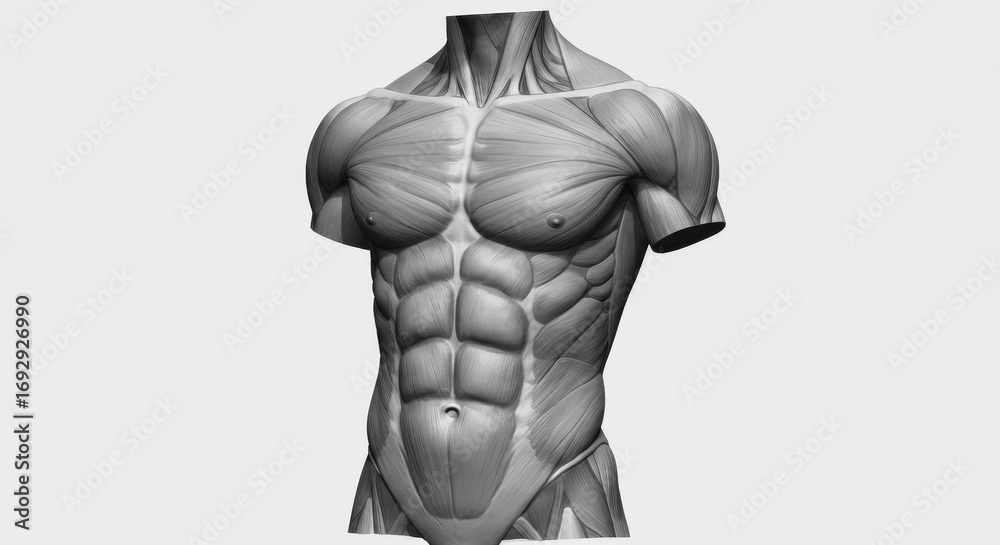 Obraz premium Male Muscular Torso and Arm Anatomy Model Detailed Chest, Abs, and Arm Muscles on White Isolated Background