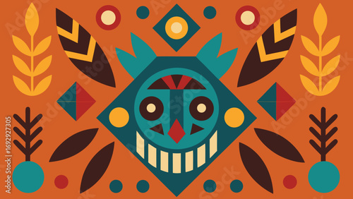 Abstract Geometric Tribal Face with Feather and Leaf Accents mask