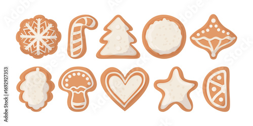 Gingerbread cookies collection. Merry christmas decorations vector set. Christmas biscuits illustration with  tree, star, heart, pin cone, snowflake, mushroom, candy cane. Set of festive decoration