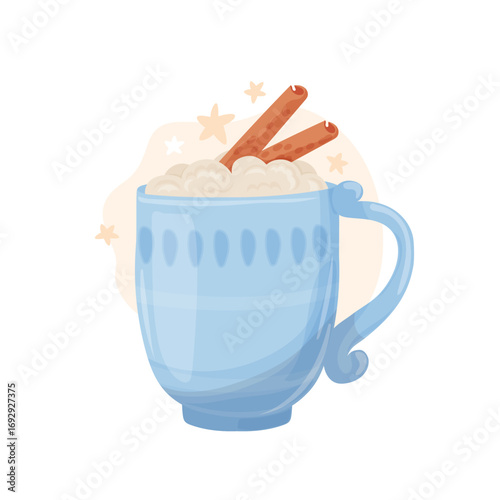 Hot chocolate, cocoa mug. Cute blue cup of hot Christmas drink with marshmallows, cinnamon, cream. Vector illustration.