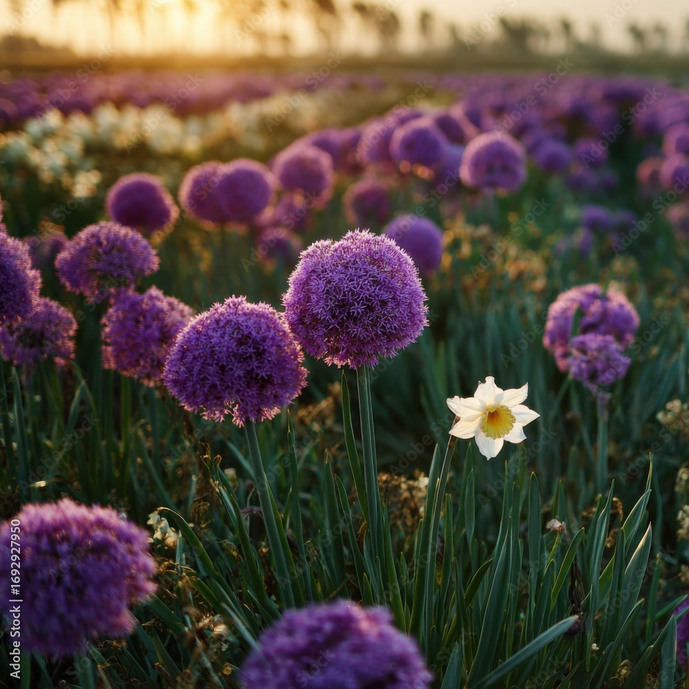 Fototapeta premium Vibrant purple allium and a single white daffodil at sunset