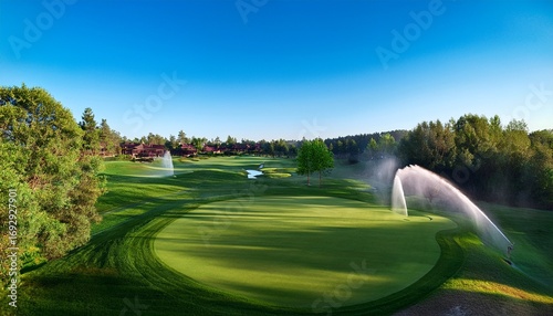 golf course with meticulously planned sprinkler system waters lush green fairway under clear blue sky surrounded by trees and distant clubhouse