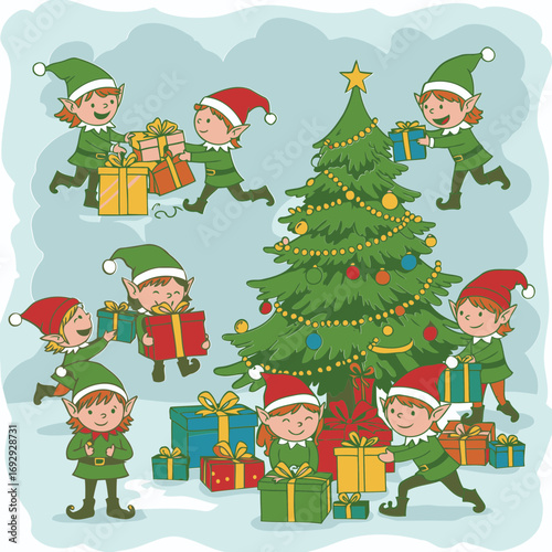 Cartoon elves in festive attire decorating a Christmas tree. Adorable elf helpers carrying presents around a decorated Christmas tree in a wintery setting.