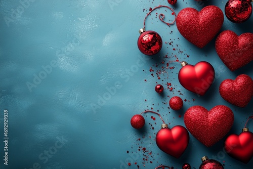 Decorative Red Hearts and Ornaments Arranged on a Blue Textured Background fo...