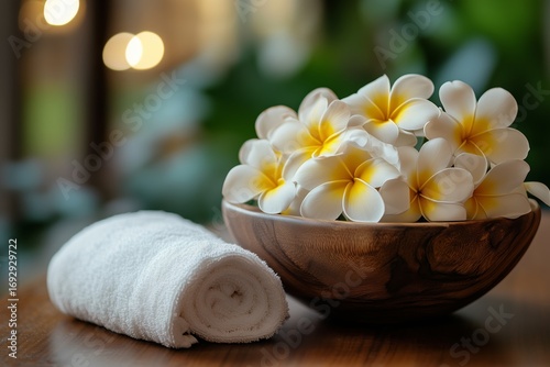 White and Yellow Plumeria Flowers Arranged Elegantly in a Wooden Bowl With a ...