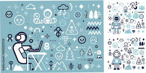 Whimsical winter doodles and icons featuring people nature and technology on a blue background