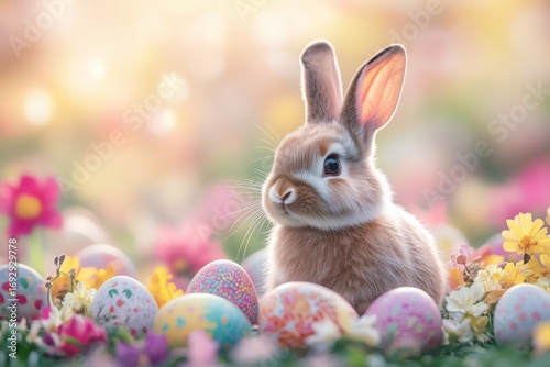 Cute Rabbit Surrounded by Colorful Easter Eggs and Flowers in a Vibrant Sprin...