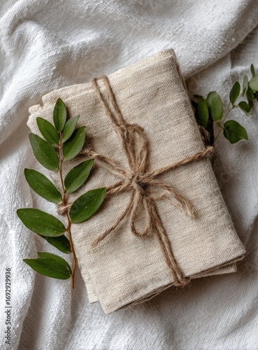 Stacked beige linen napkins tied with twine, nestled on a white cloth, with sprigs of greenery