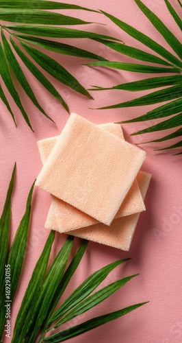 Peach-toned squares on pink background, framed by palm fronds