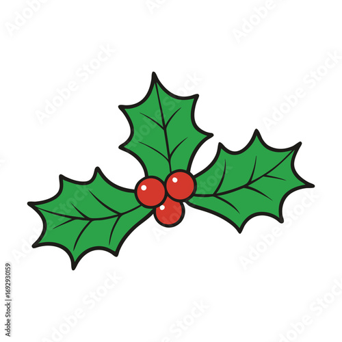 A festive swoosh of vibrant holly leaves, detailed with sharp edges and rich green tones, swirling gracefully with tiny red berries for a cheerful holiday touch.

