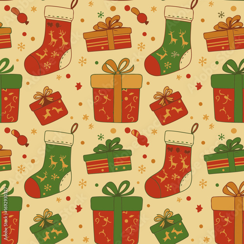 Christmas gift and stocking seamless pattern. Hand-drawn design elements on a beige background.