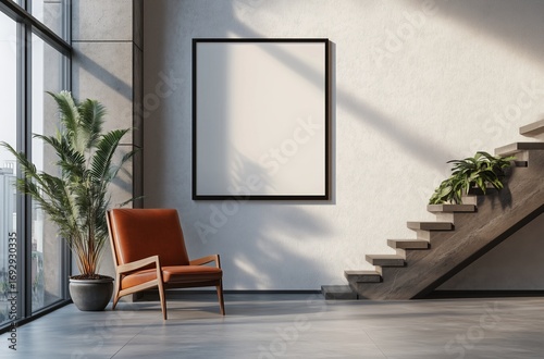 Modern Interior With Empty Wall Frame and Cozy Chair in a Bright Space