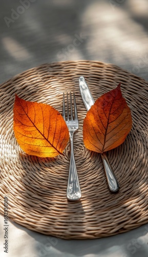 Autumn Leaves and Fork on Woven Placemat Create a Cozy Dining Atmosphere