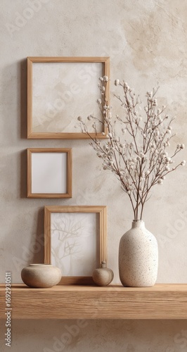 Minimalist wall decor and vase arrangement on a wooden shelf