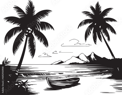 palm trees on the beach engraving outline vector art illustration design, palm tree silhouette, hand drawn beach drawing, line art palm tree, sea, beach, summer view, vintage palm tree on sea beach.	
