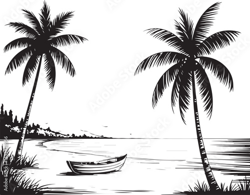 palm trees on the beach engraving outline vector art illustration design, palm tree silhouette, hand drawn beach drawing, line art palm tree, sea, beach, summer view, vintage palm tree on sea beach.	
