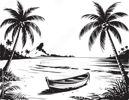 palm trees on the beach engraving outline vector art illustration design, palm tree silhouette, hand drawn beach drawing, line art palm tree, sea, beach, summer view, vintage palm tree on sea beach.	

