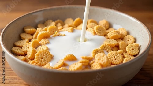 Pouring creamy milk into a bowl of crunchy, circular cereal for a delicious breakfast.