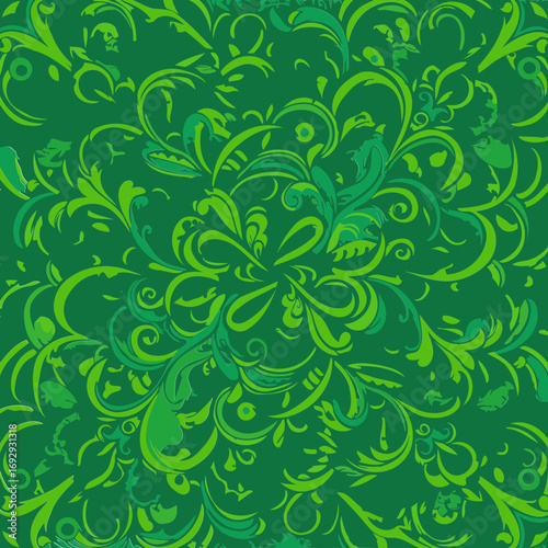 Green ornate floral pattern design with repeating motifs. Intricate swirls and leaf-like forms create a textured background. Pattern design for fabric or wallpaper.