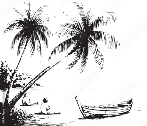 palm trees on the beach engraving outline vector art illustration design, palm tree silhouette, hand drawn beach drawing, line art palm tree, sea, beach, summer view, vintage palm tree on sea beach.	
