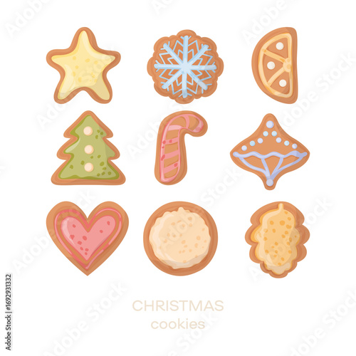 Gingerbread cookies collection. Merry christmas decorations vector set. Adorable festive biscuits illustration set with  tree, star, heart, pin cone, snowflake, candy cane.