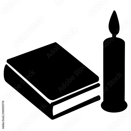 A black silhouette image depicting a book resting alongside a candle.