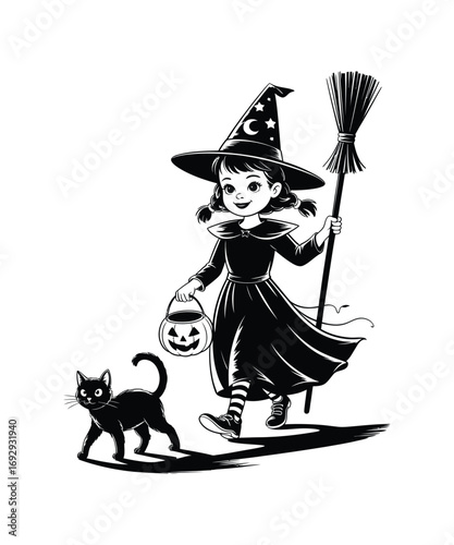Black and white illustration of a young witch with a black cat
