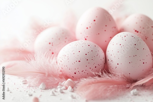 Colorful Pink Easter Eggs Arranged With Soft Feathers on a Light Background.