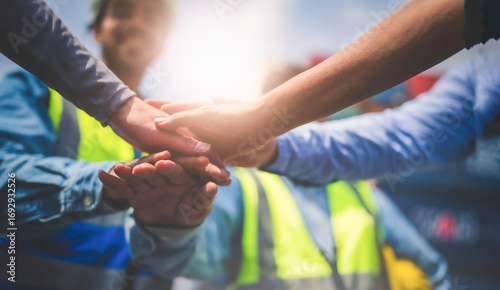 Close-up of Engineering team making pile of hands with cargo container background at sunset. Logistics global import or export shipping industrial concept.