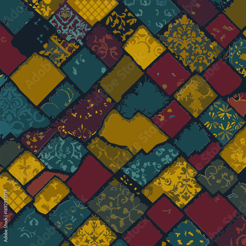 Multicolored patchwork design with various vintage patterns. Intricate floral and geometric motifs are layered in a dynamic, textured collage.