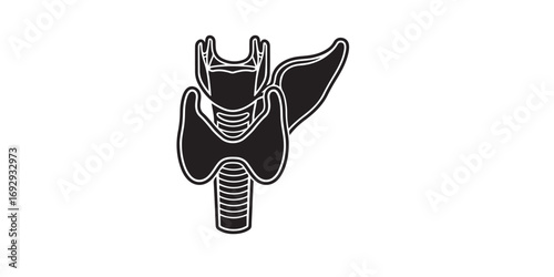 A stylized, high-contrast black and white illustration depicting the human thyroid gland situated above the trachea, with one lobe prominently extended.