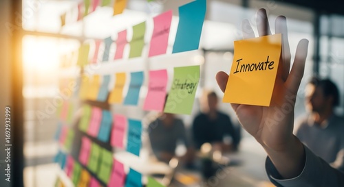 Brainstorming session with sticky notes.