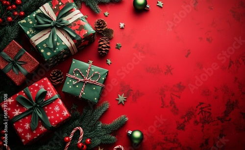 Festive Holiday Gifts Arranged on a Vibrant Red Background With Ornaments and...