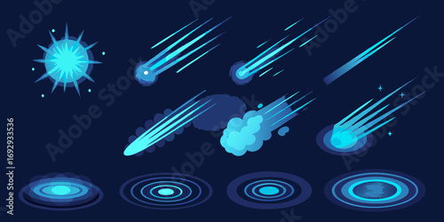 Collection of stylized glowing blue meteors and cosmic effects on dark background