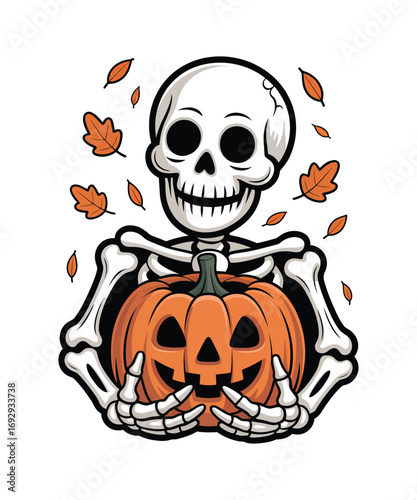Smiling skeleton holding a jack o lantern with falling leaves