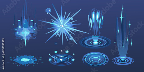Collection of stylized blue energy bursts and magical portals with glowing effects
