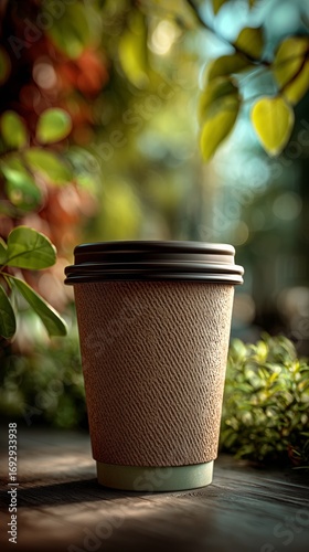 Warm Coffee Cup Surrounded by Lush Greenery in a Serene Outdoor Setting at Go...