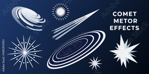 Collection of stylized white comet and meteor effects against a dark blue cosmic background