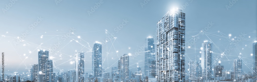 Fototapeta premium City skyline with interconnected network overlay