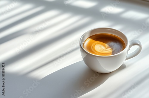 Cozy Coffee Cup Resting on a Sunlit Table With Soft Shadows in a Warm Setting