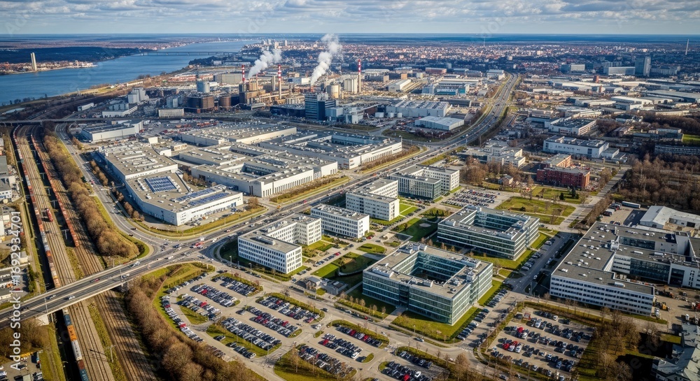 Fototapeta premium Aerial view of an urban landscape featuring industrial facilities with smoking stacks modern office parks multiple roads railway lines and a wide river with a distant bridge