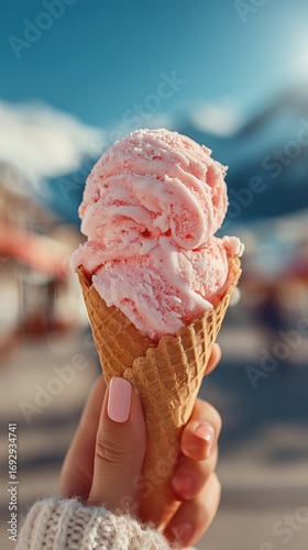 Delightful Pink Ice Cream Cone Held Against a Sunny Mountain Backdrop in a Vi...