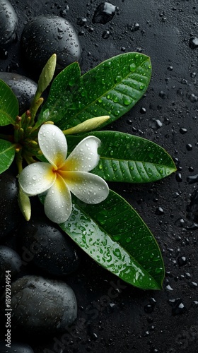 Serene Plumeria Flower on Wet Stones Surrounded by Leaves in a Calming Spa Se...